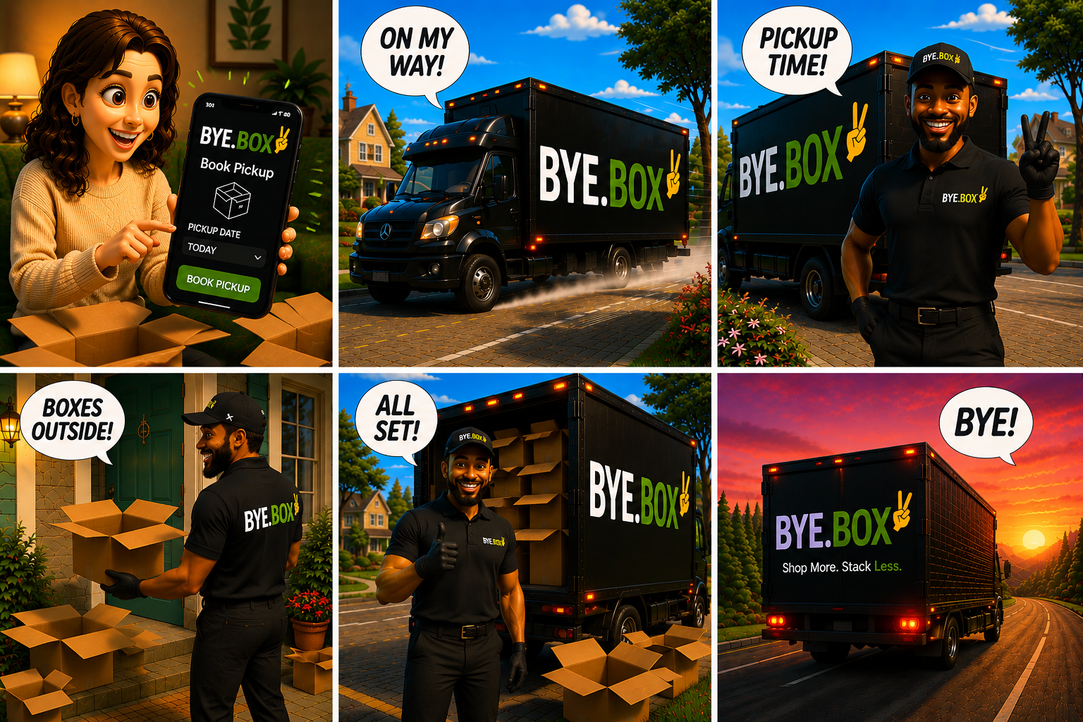 BYE.BOX story: Book Pickup, On My Way, Pickup Time, Boxes Outside, All Set, Bye!